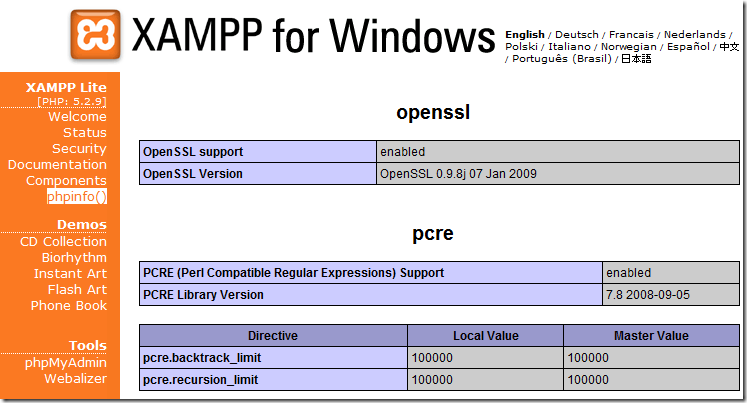 xampp phpinfo