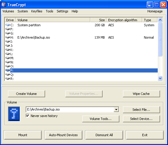 Main TrueCrypt Window